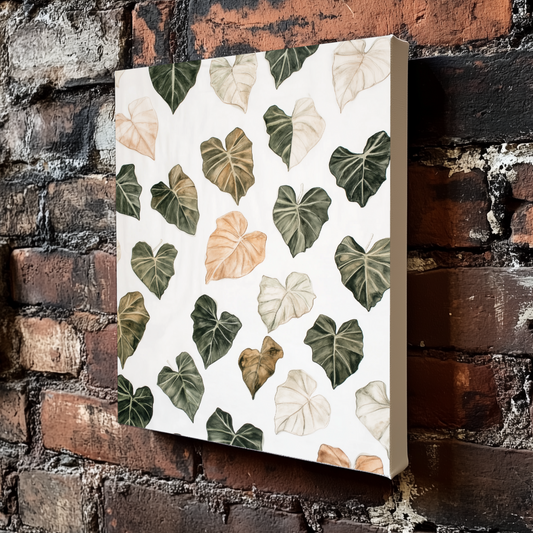 A neutral and boho plant pattern canvas of alocasia leaves in green brown and white variegations, mounted on an exposed brick wall