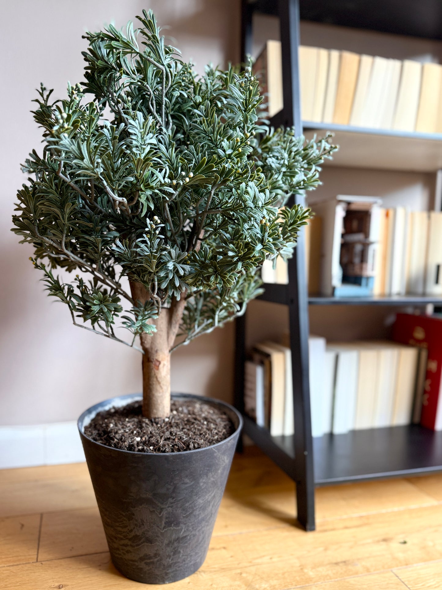 Front view of the Plantish artificial Artemisia with green-grey leaves and a real wood trunk, potted in a decorative grey pot topped with real soil.
