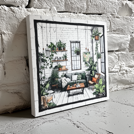 A cozy sketch canvas of an industrial loft with white brick, black windows and home decor full of plants, resting on a brick wall.