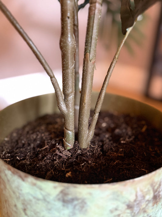 Close-up of the realistic plastic stems of the Plantish artificial Areca Palm, potted in real soil for an authentic look.