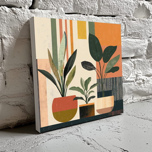 A vibrant bauhaus canvas of green plants and pots in profile, with contemporary orange yellow lines as a background, resting on a brick wall.