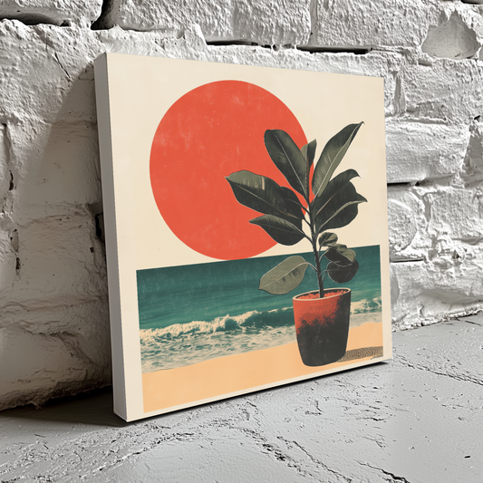 A vintage and moody canvas of a potted dark green rubber plant on a beach and rising giant red sun, resting on a brick wall.