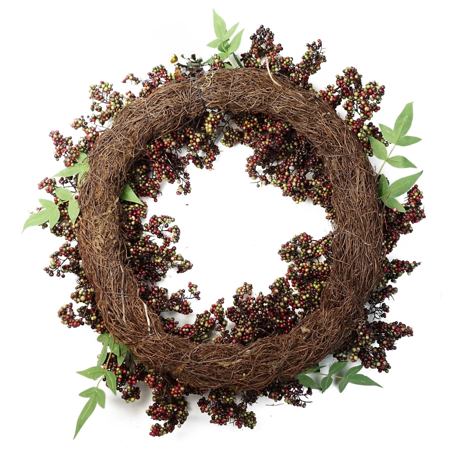 The Plantish 55cm Black Berry Wreath shown rear-on, highlighting the black, green and red berries and green leaves, as well as the natural woven ring.