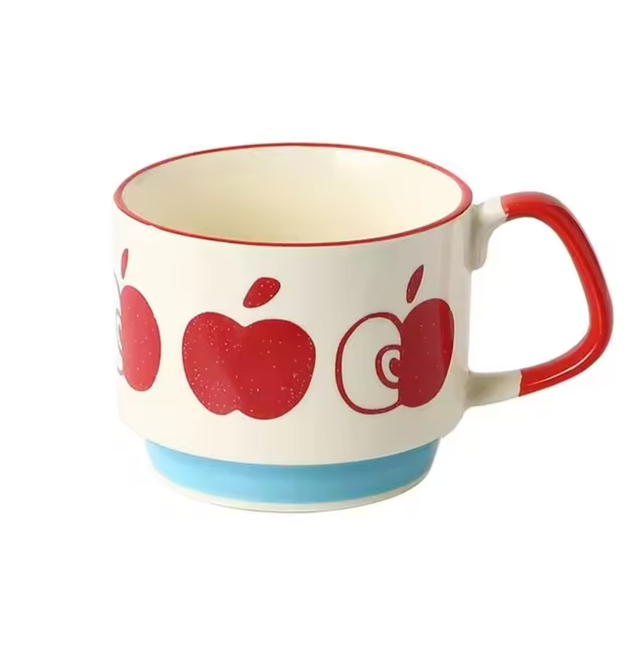 A close up of the Plantish Block Print Plant Mug in the Apples design, on a plain white background. The pattern and colours of the mug are shown in detail.