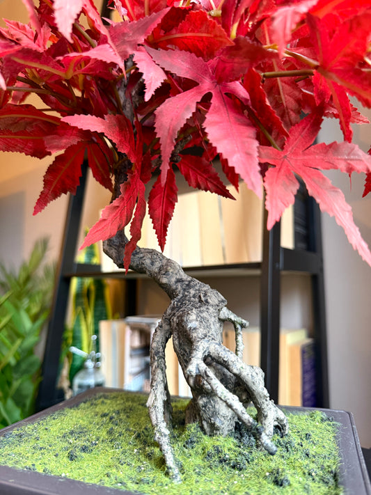 Back view of a Plantish premium artificial red maple bonsai, highlighting the deep red leaves and lifelike details of the textured wooden stem.