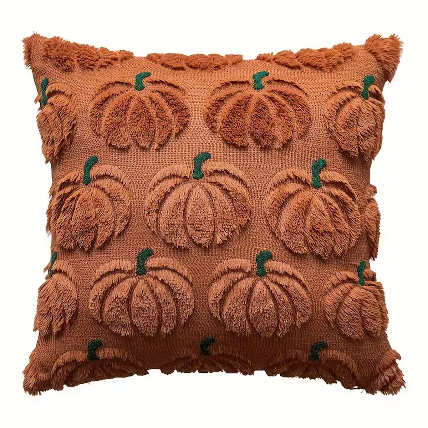 Brown pillow with embroidered autumnal pumpkin pattern on a white background.