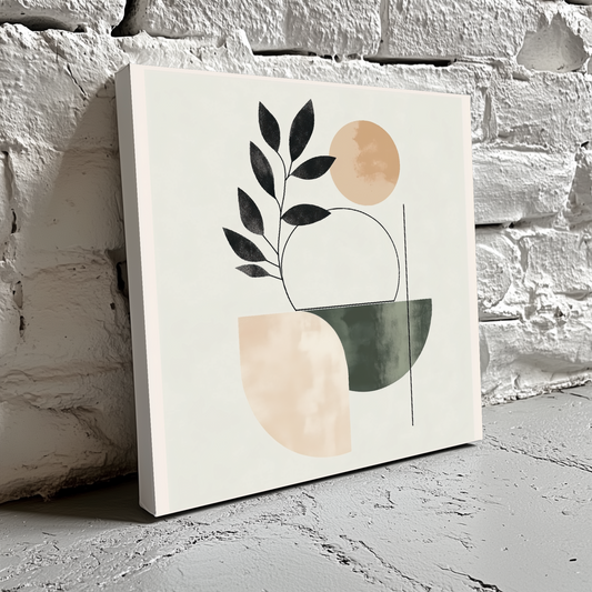 A minimalist boho canvas of a dark green leafy plant with geometric shapes and lines in earthy tones, resting on a brick wall.