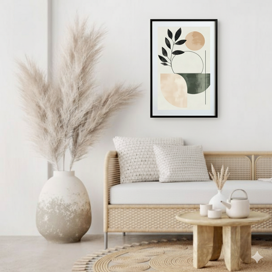 A minimalist boho print of a dark green leafy plant with geometric shapes and lines in earthy tones, in a sunlit bohemian living room