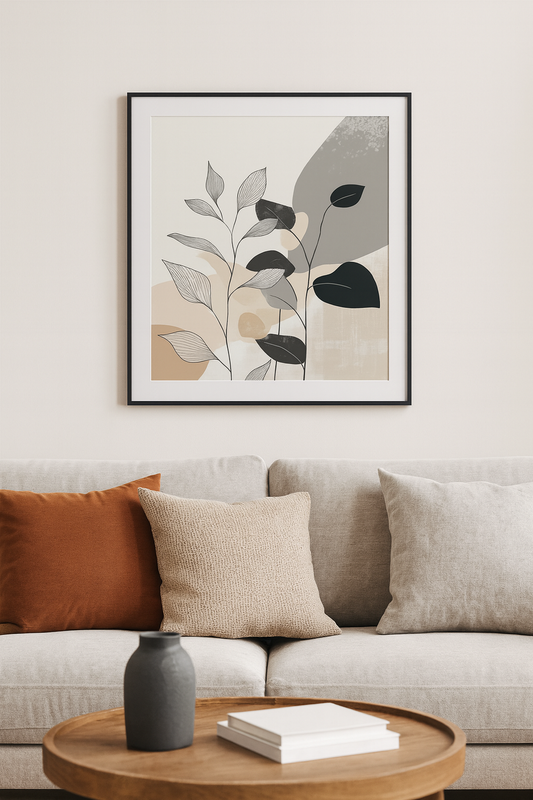 A soft earthy print of two leafy stems, one black one white, with abstract shapes in the background in neutral tones, in a cosy neutral bedroom