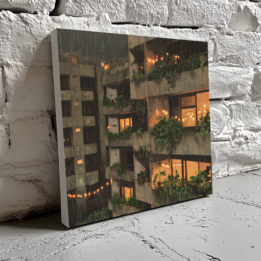 A cozy canvas of a nighttime rainy brutalist apartment with fairy lights and green plants growing, resting on a brick wall.