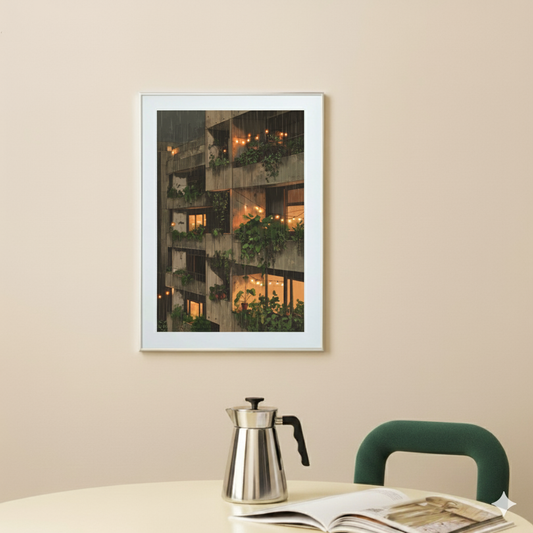A cozy print of a nighttime rainy brutalist apartment with fairy lights and green plants growing, in a modern bright kitchen