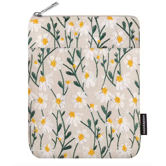 A close up image of the Plantish Embroidered Floral E-Reader Case, highlighting the white and yellow stitched flowers and green stems, on a white background.