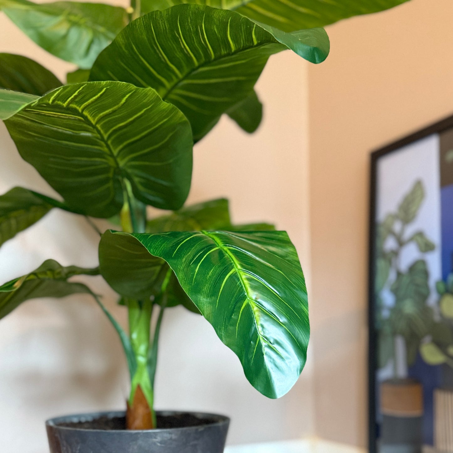 Close up of the Plantish artificial Elephant Ear Plant’s large, detailed leaves, showcasing the realistic texture, potted in a grey plastic pot.