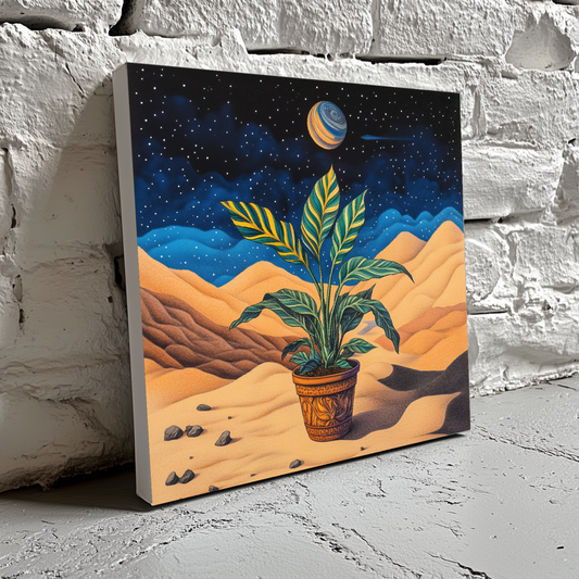 A surreal canvas of a green and yellow striped plant on gold sand with stars and planets, resting on a brick wall.