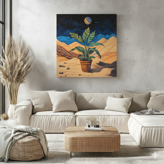 A surreal canvas of a green and yellow striped plant on gold sand with stars and planets, in a bright neutral boho living room