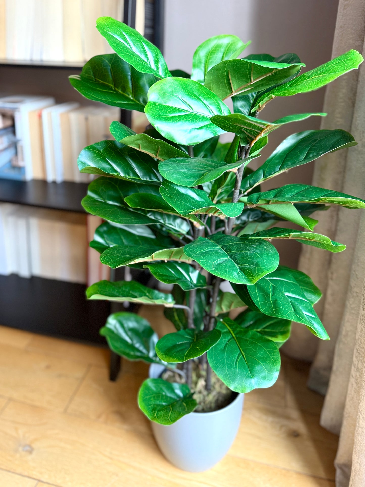Sunlit view of the Plantish artificial Fiddle-Leaf Fig, with large, glossy green leaves, potted in a grey ceramic pot and placed where sunlight streams in.