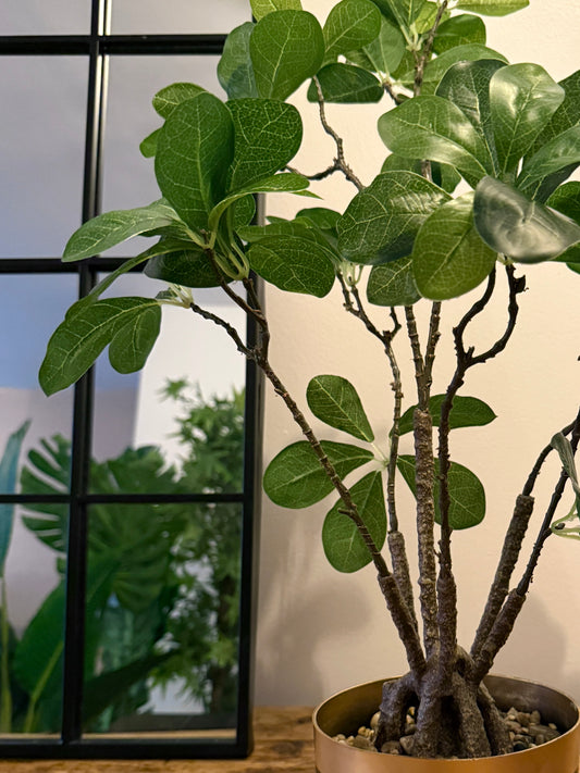 Front view of the Plantish realistic artificial Ficus Bonsai, featuring intricately detailed leaves and a carefully shaped trunk, potted in a sleek black pot with a copper coloured rim. This lifelike bonsai brings an elegant, minimalist touch to any space, offering a stylish, maintenance-free alternative to real plants.