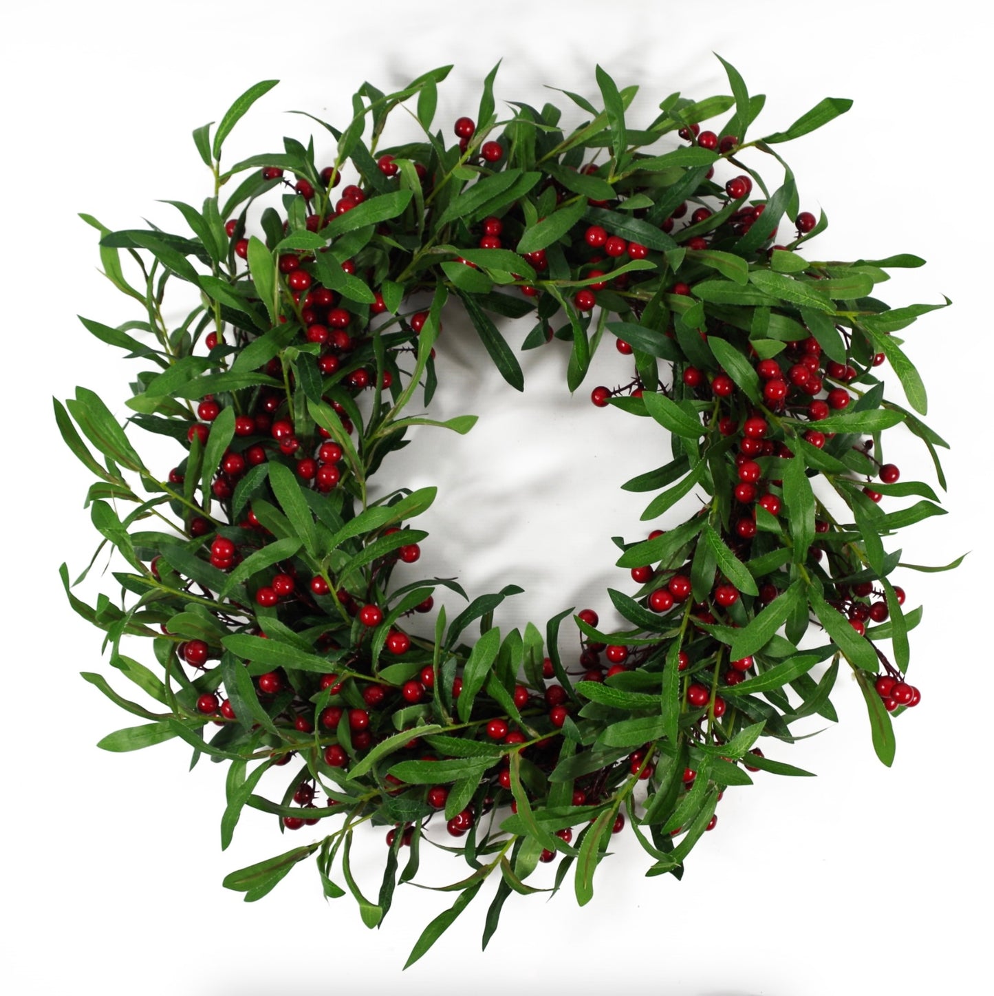 The Plantish 60cm Festive Mistletoe Wreath shown front-on, highlighting the deep green mistletoe leaves and red berries.