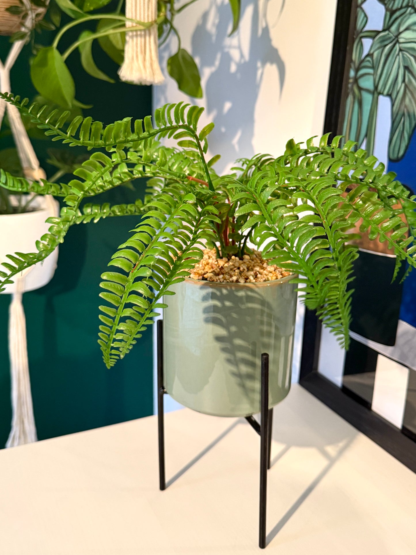 Front view of a Plantish artificial fern in a ceramic green pot with a black stand, featuring fixed pebbles, placed on top of a white dresser.