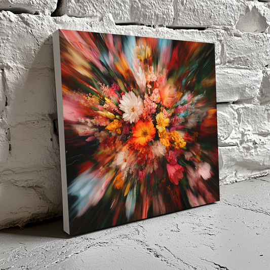A bright and colourful canvas of a bouquet of flowers with blurred, distorted edges, resting on a brick wall.