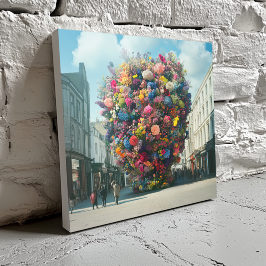 A bright and vibrant surreal canvas of a large multicolour flower arrangement in a city centre, resting on a white brick wall.