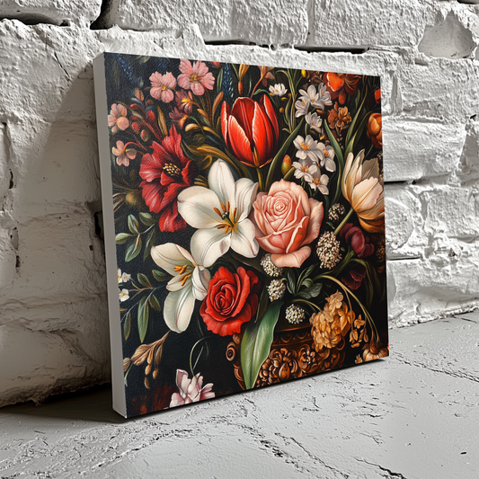 An intimate oil canvas of a classical flower arrangement with pink rose, red tulip and more, in a decorative gold vase, resting on a brick wall.