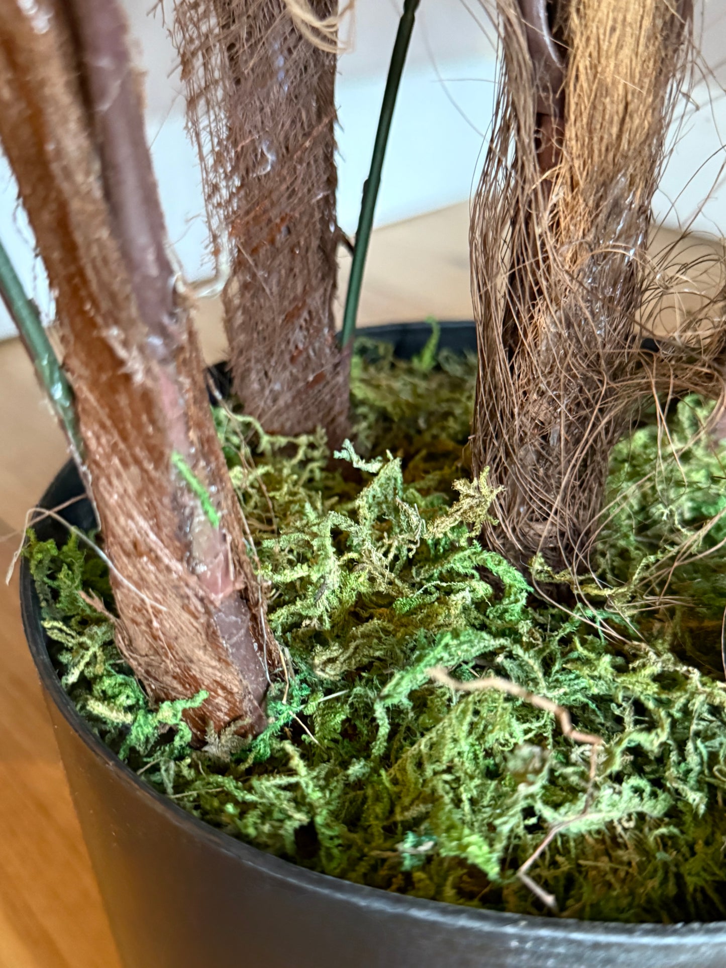 Close up of the Plantish artificial fan palm moss-covered pot base, highlighting the textured natural bark on the stems light green moss.