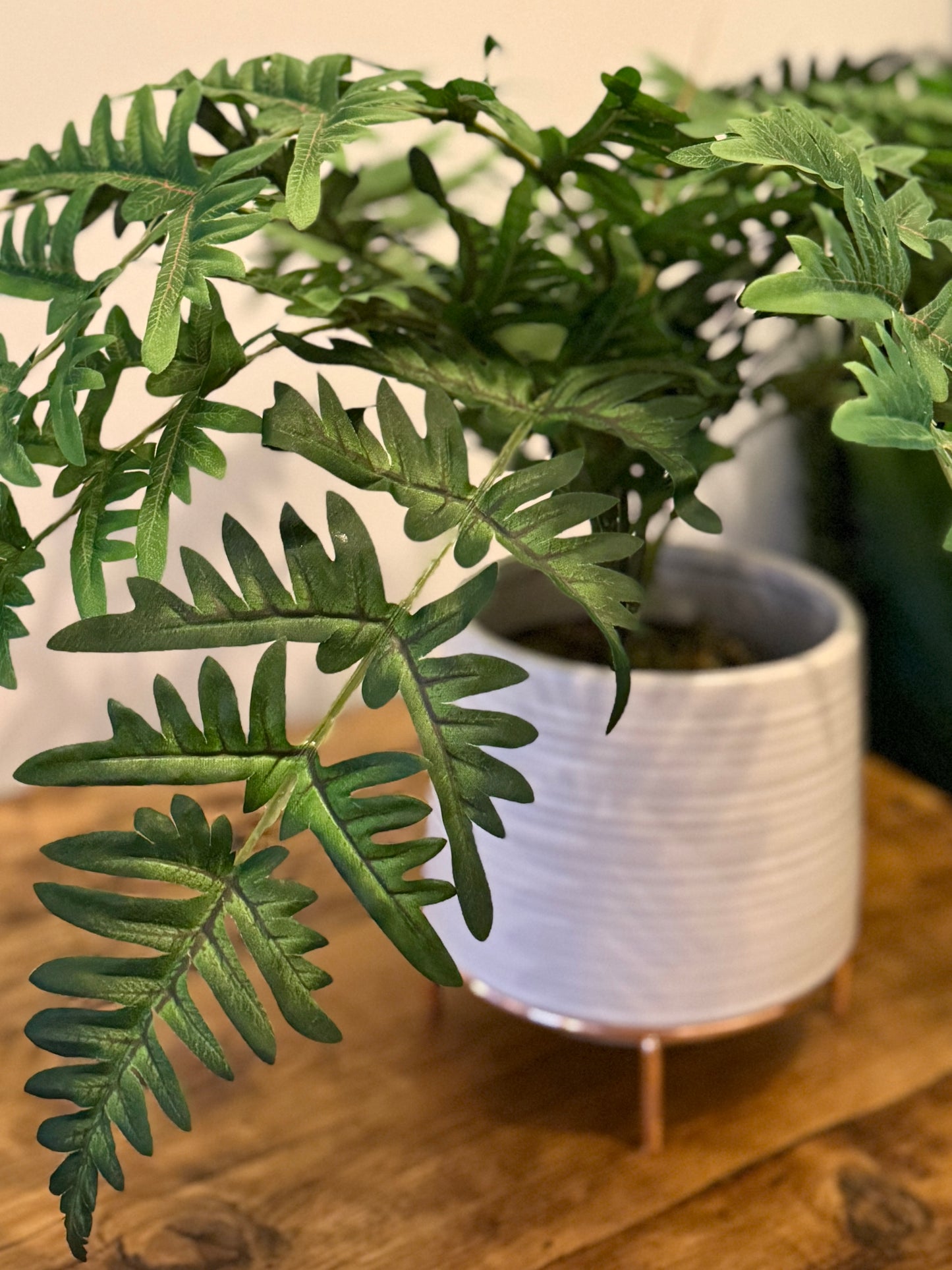 Back view of the Plantish bushy artificial evergreen fern, highlighting the detailed green fronds and the ridged texture of the white pot, on a wooden table.