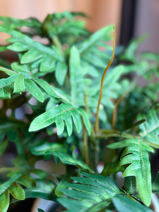 Close up of the Plantish bushy artificial evergreen fern with a soft focus on the lush green fronds.