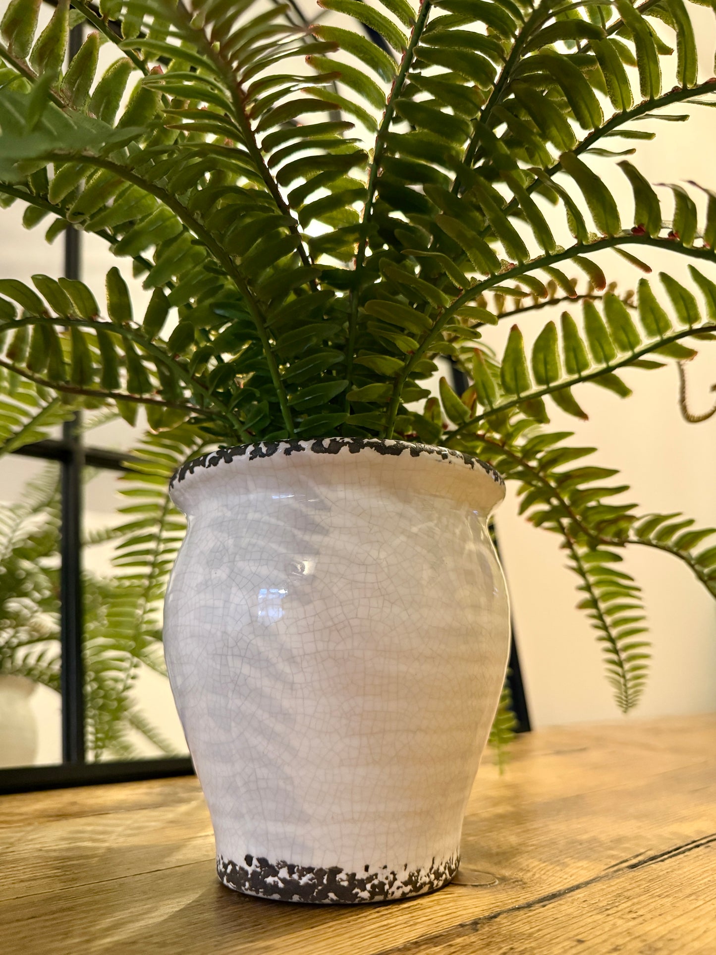 Close up of the Plantish artificial fern, focusing on the intricate green fronds and the unique cracked texture of the ceramic pot, placed on top of a wooden table.
