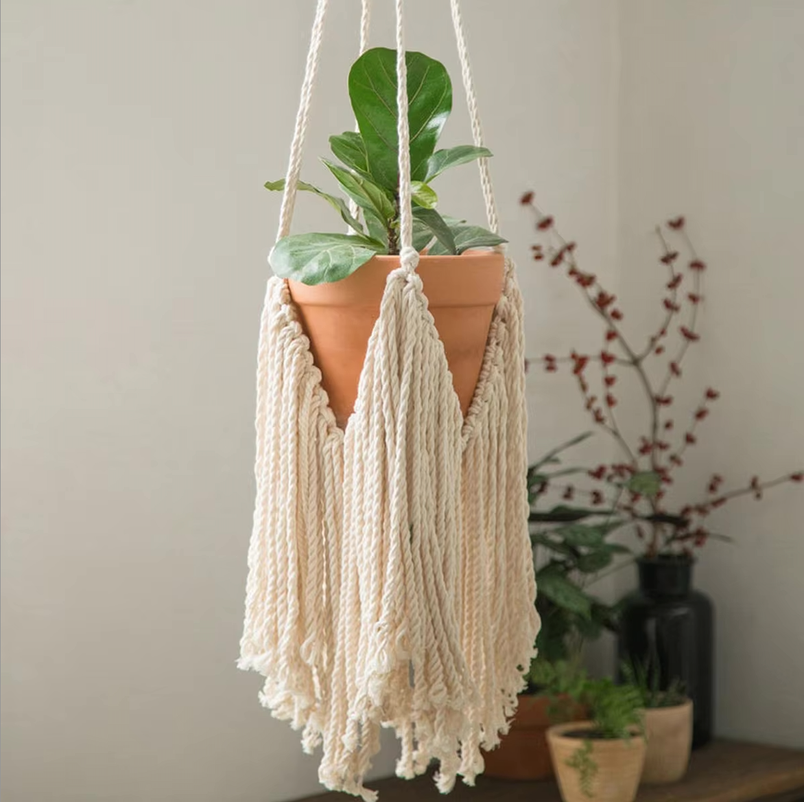 A close up of the Plantish Fringe Macrame, which has a terracotta plant pot with a green plant inside. The macrame is suspended in a bedroom.