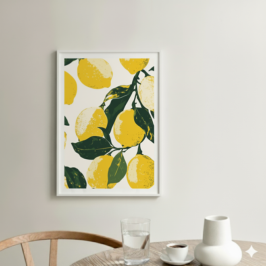 A bright and vibrant screen print print of stencil yellow lemons with green leaves on a white background, in a bright and neutral kitchen