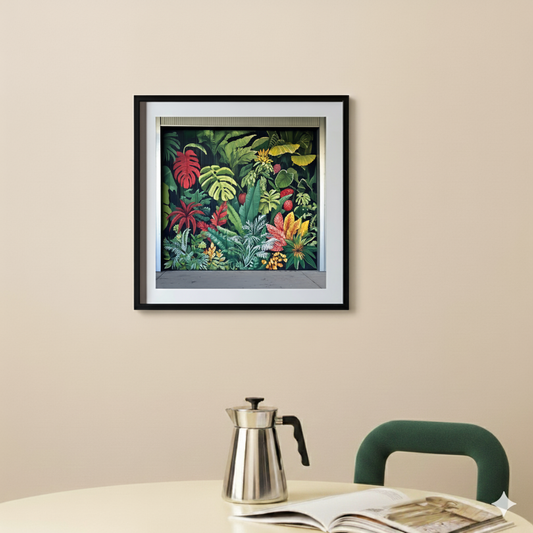 A bright print of an urban garage graffitied with bright green yellow and red tropical plants, in a modern bright kitchen