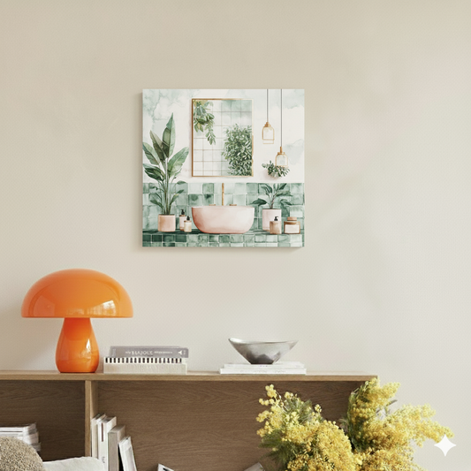 A modern canvas of a green and white tiled bathroom and lush plants in pink pots, in a bright contemporary room