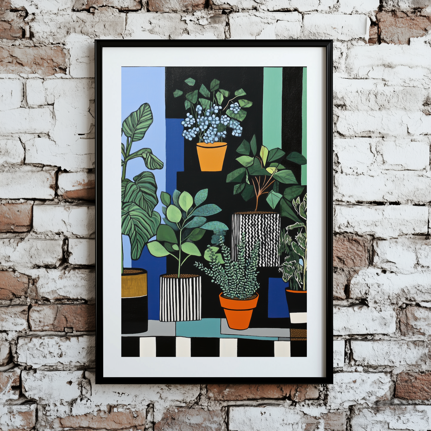A surreal bauhaus print of a green and blue pot plant collection, with vibrant black and white lines and shapes, framed on a brick wall.