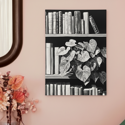A black and white line drawing on canvas of a bookshelf with books and a house plant, in a vibrant pink room