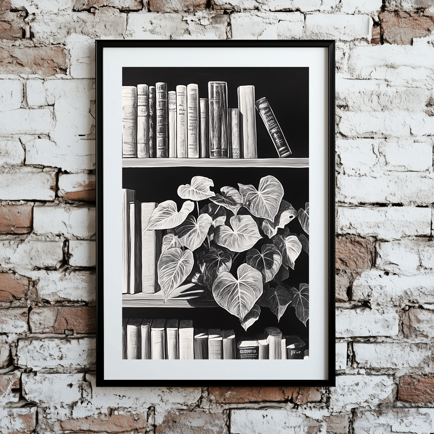 A black and white line drawing print of a bookshelf with books and a house plant, framed on a brick wall.