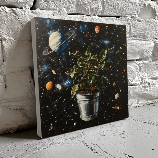 A surreal canvas of a plant in a silver pot floating through space, resting against a white brick wall.