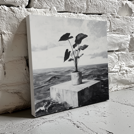 A black and white surreal canvas of a potted plant on a concrete platform in the middle of the sea, resting on a brick wall.