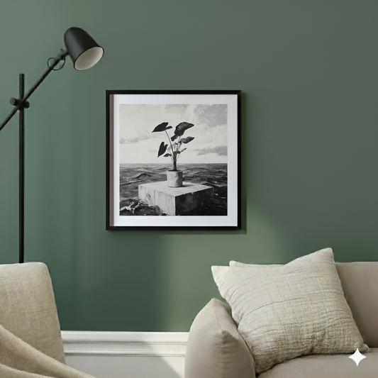 A black and white surreal print of a potted plant on a concrete platform in the middle of the sea, in a contemporary sunlit living room