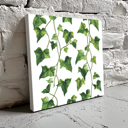 A delicate and bright canvas of a trailing green ivy with detailed leaves and vines on a white background, resting on a brick wall.