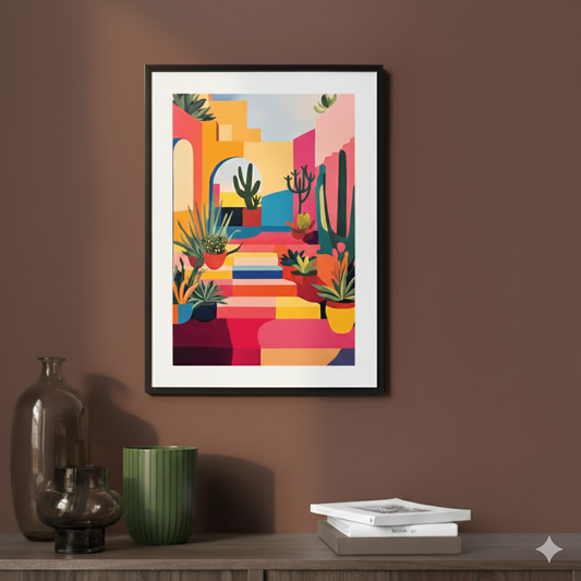 A bold and vibrant print of a multicoloured house exterior and steps with green desert plants in pots, in a contemporary mauve room