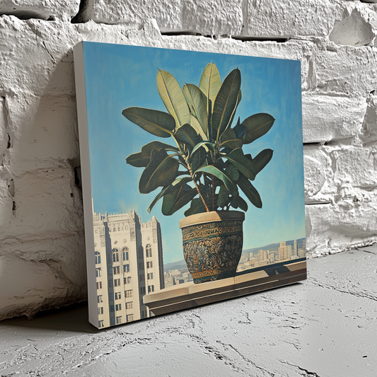 A moody canvas of a green rubber plant in an ornate pot on a city rooftop with a cool blue skyline, resting on a brick wall.
