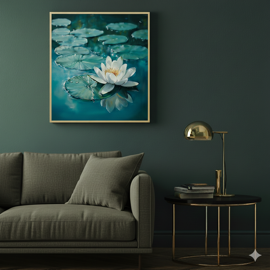 A calm and vibrant oil print of a white flower and green lily pads on still blue water, in a moody modern living room