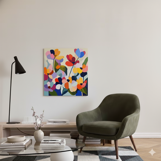 An abstract arty canvas of vivid multicoloured poppies with a white background, in a bright scandinavian living room