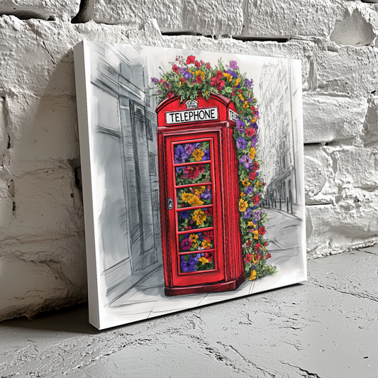 A line sketch canvas of a British red London phone box full of bright flowers on a black and white street, resting on a white brick wall.