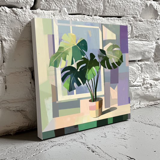 A bright and blocky canvas of a potted green monstera in a pot on a green, purple and white windowsill, resting on a brick wall.