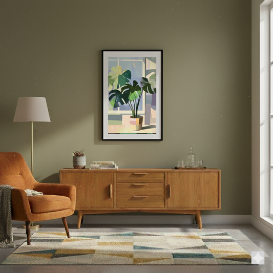 A bright and blocky print of a potted green monstera in a pot on a green, purple and white windowsill, in a cosy midcentury room