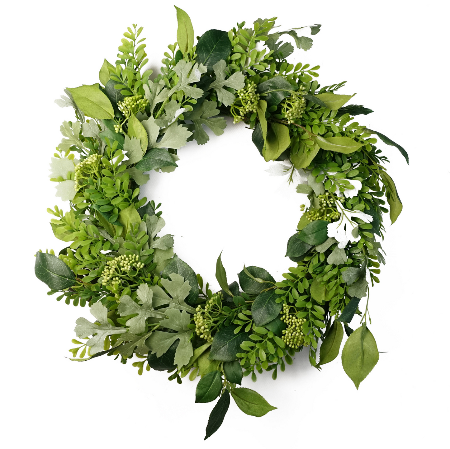 The Plantish 50cm Lush Green Foliage Wreath shown front-on, showcasing the mixed green woodland leaves and berries in the design.