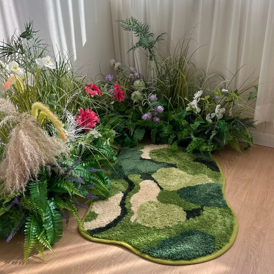 An image of the Plantish Lush Moss Rug on a wooden floor in the corner of a room. There are a variety of plants between the rug and the white wall, and a white curtain.